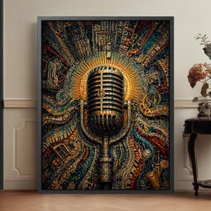 May include: A framed wall art print featuring a central vintage-style microphone surrounded by intricate, radiating patterns of musical instruments, piano keys, and abstract gold, blue, and red textures set against a dark, detailed background.
