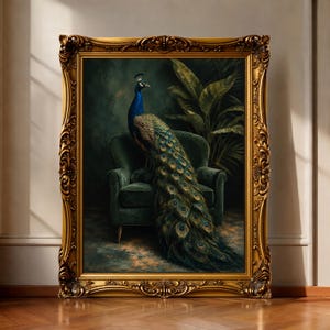 Peacock Portrait Print, Emerald Chair Bird Scene, Gold Frame Gallery Poster, Dark Tropical Leaves Accent, Luxe Animal Statement