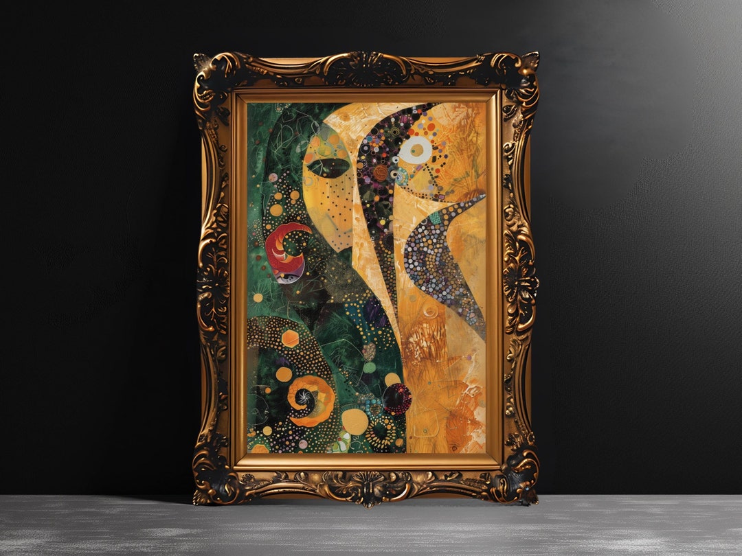 Mid-century Modern Wall Art, Quirky Decor, Framed Canvas Print, Vintage Green Gold Bedroom Art ...