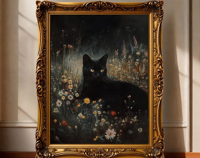 Moody Cottagecore Art Dark Academia Cat Print Dark Nature Wall Decor for Cat Lovers, Gothic Vintage Style Home Decoration
