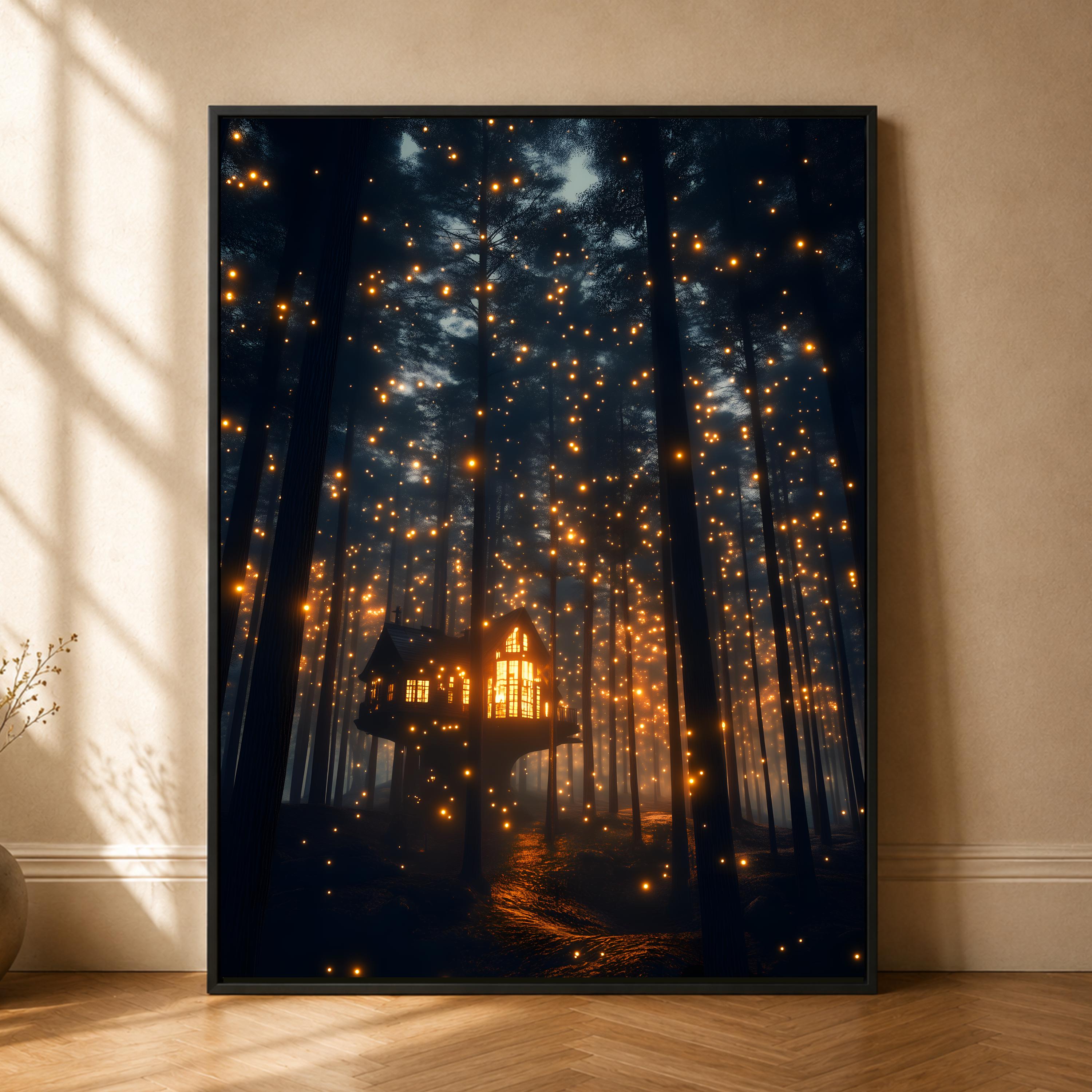 Glowing Treehouse Forest Wall Art, Magical Woodland Cabin Print