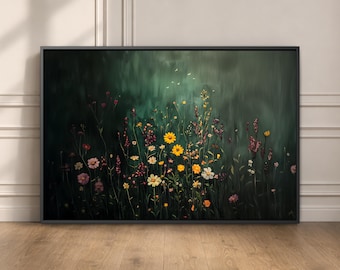 Moody Wildflower Field Art Print: Dark Green Cottagecore Decor