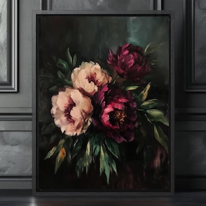Pintura floral melancólica, arte botánico oscuro de peonías, lámina floral vintage, lámina floral de estilo academia oscura, estética vintage