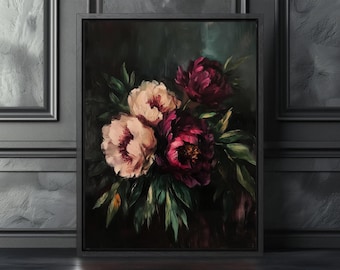 Pintura floral melancólica, arte botánico oscuro de peonías, lámina floral vintage, lámina floral estilo Dark Academia, estética vintage