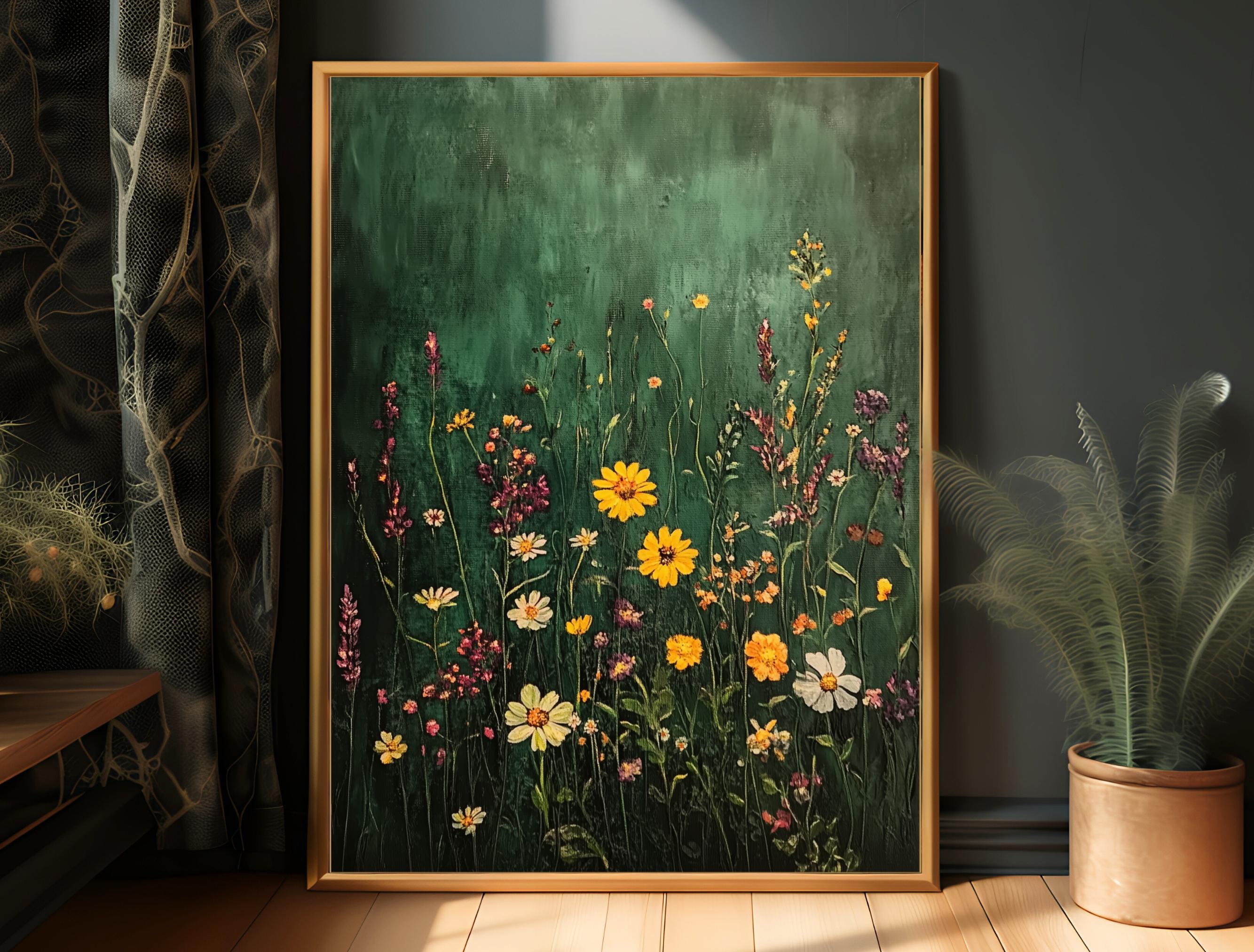 Wildflower Wall Art, Moody Framed Canvas, Large Floral Print, Green Botanical Wall Art, Flower Print