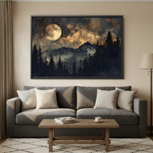 Lienzo con escena nocturna de montaña brumosa: Bosque iluminado por la luna imagen 5