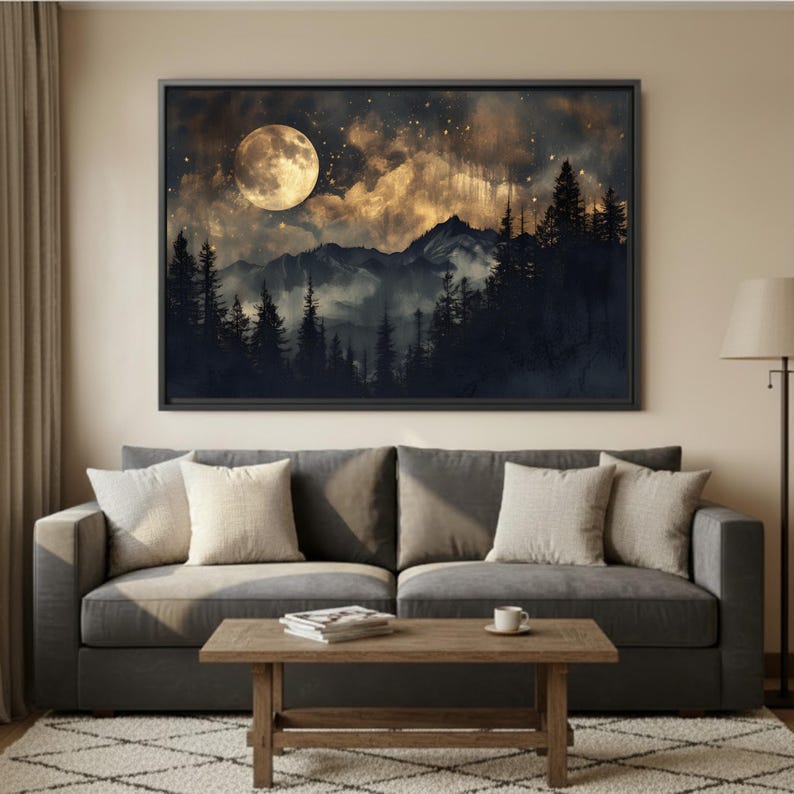 Lienzo con escena nocturna de montaña brumosa: Bosque iluminado por la luna imagen 5