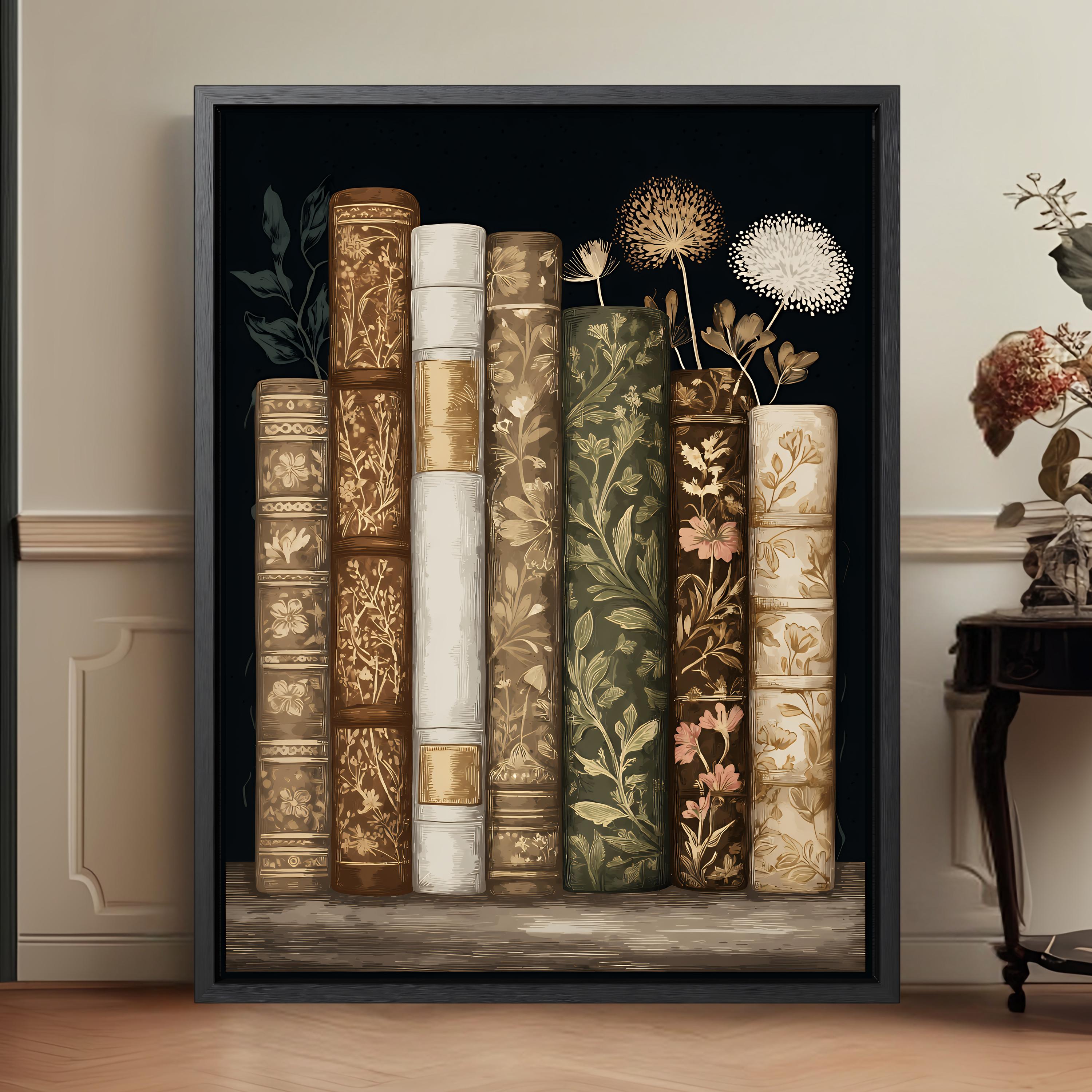 Vintage Floral Library Canvas Print, Neutral Tone Book Lover Wall Decor ...