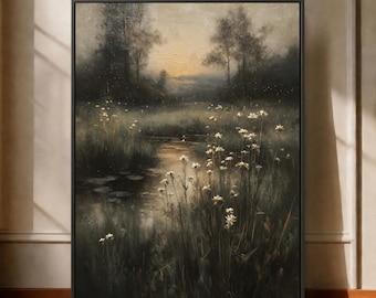 Cuadro decorativo de paisaje de pradera dorada con impresión en lienzo sobre campo oscuro.