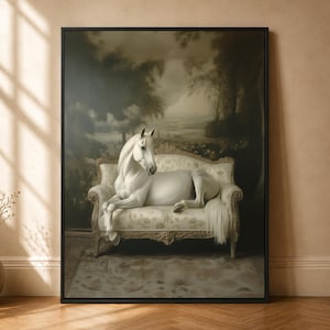 White Horse Poster, Elegant Sofa Print, Dreamy Manor Decor, Misty Landscape Scene, Regal Animal Portrait, Soft Neutral Room Statement