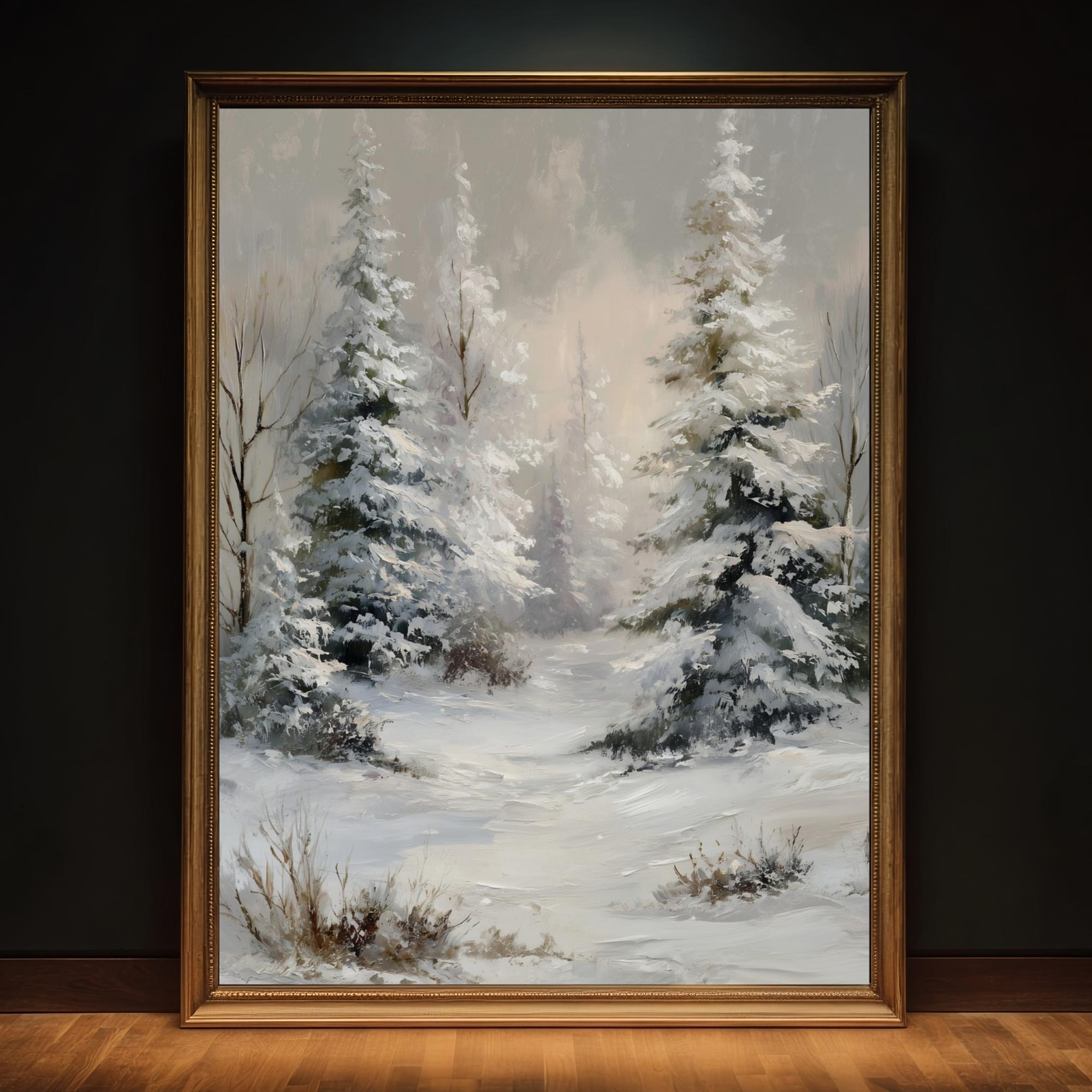 Winter Landscape Wall Art | Snowy Pine Forest Painting, Cozy Seasonal ...