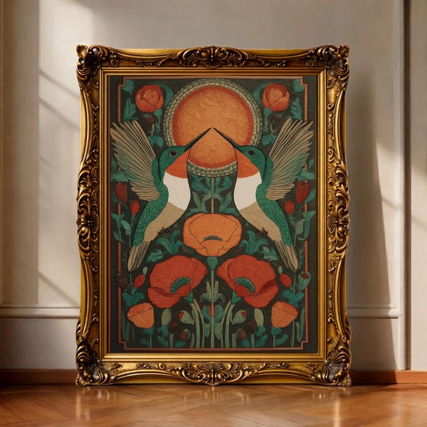 Hummingbird Folk Art Print Botanical Poster Boho Floral Wall Decor Vibrant Nature Canvas Southwestern Style Bird Art