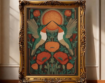 Impresión de arte popular de colibrí, póster botánico, decoración de pared floral bohemia, lienzo de naturaleza vibrante, arte de aves de estilo suroeste