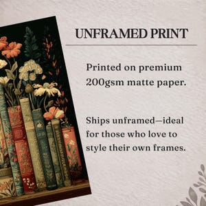 Dark Floral Vintage Library Art Print, Moody Botanical Bookshelf Wall Art image 11