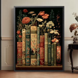 Dark Floral Vintage Library Art Print, Moody Botanical Bookshelf Wall Art image 2