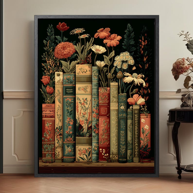 Dark Floral Vintage Library Art Print, Moody Botanical Bookshelf Wall Art image 2