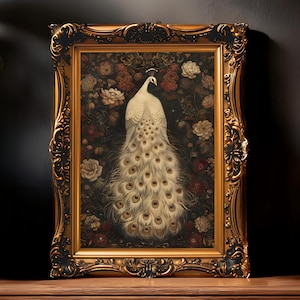 Moody Vintage Poster White Peacock Wall Art Dark Floral Bird Print Elegant Gothic Baroque Animal Canvas Decor
