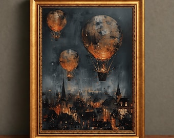 Könnte beinhalten: Ein gerahmtes Gemälde, das drei leuchtende Heißluftballons über einer dunklen, beleuchteten Stadtlandschaft bei Nacht zeigt. Das Kunstwerk ist in einen dekorativen goldfarbenen Rahmen gefasst und zeigt einen Kontrast zwischen dem warmen orangefarbenen Licht der Ballons und den tiefen, stimmungsvollen Tönen der städtischen Skyline darunter.
