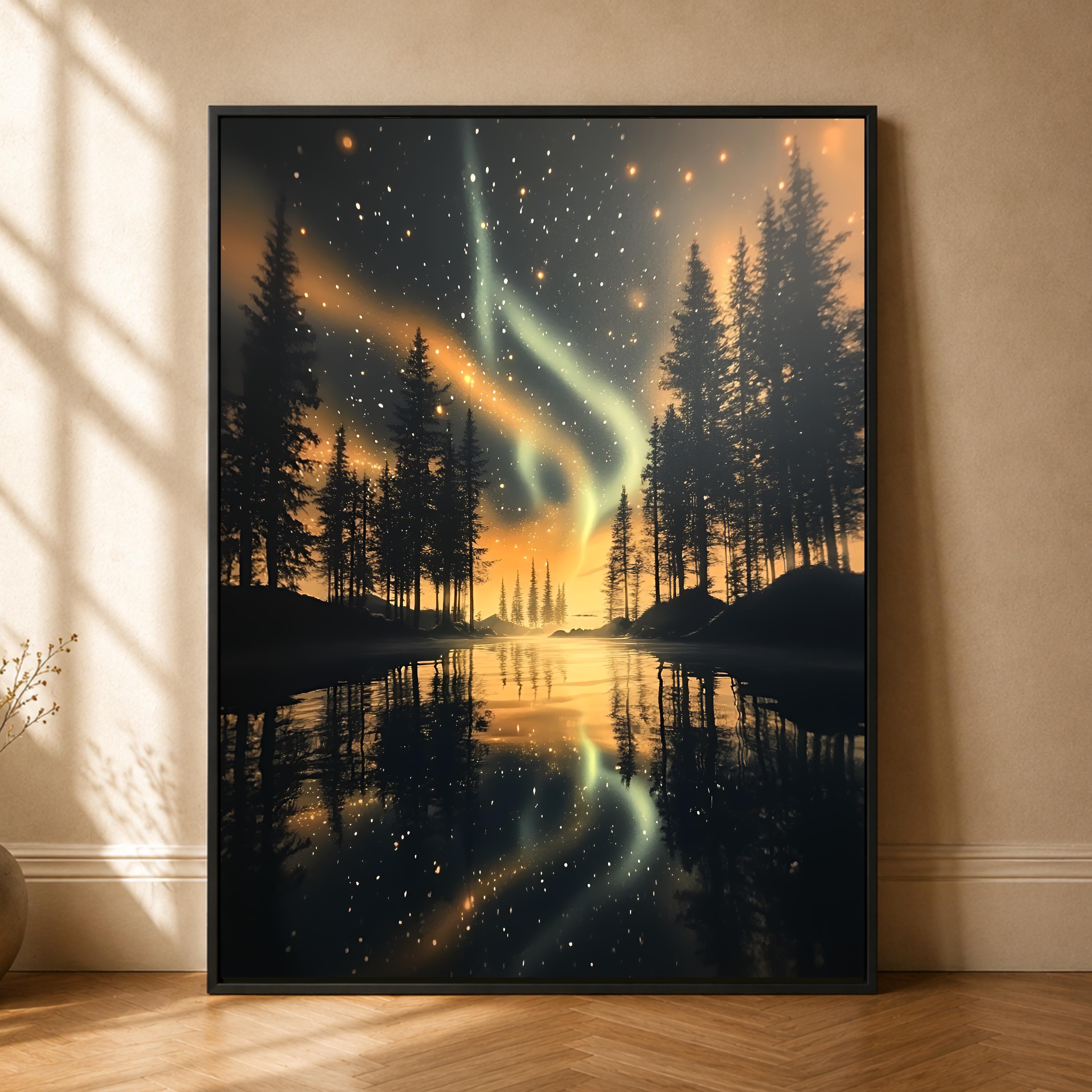 Northern Lights Forest Wall Art, Aurora Lake Landscape Poster for