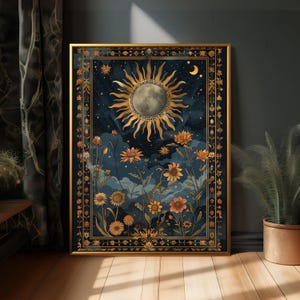 Vintage Sun Wall Art, Framed Moon & Celestial Prints, Boho Home Decor, Botanical  Floral Decoration for Dark Cottagecore Vibes