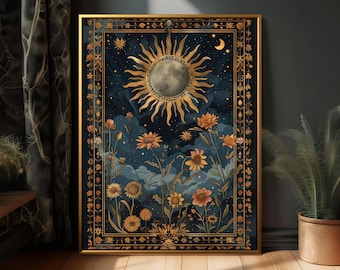 Vintage Sun Wall Art, Framed Moon & Celestial Prints, Boho Home Decor, Botanical  Floral Decoration for Dark Cottagecore Vibes