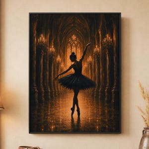 May include: A framed wall art print depicting a silhouette of a dancer in a dark tutu performing in a grand, dimly lit hall. The scene features tall stone columns, glowing wall sconces, and a reflective floor, all rendered in warm, golden-brown tones.
