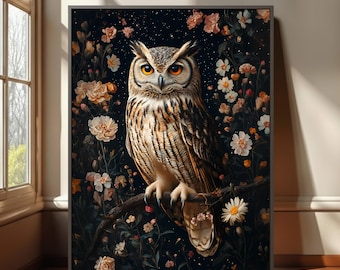 Dark Cottagecore Owl Floral Canvas Art, Vintage Nature Living Room Bedroom Print