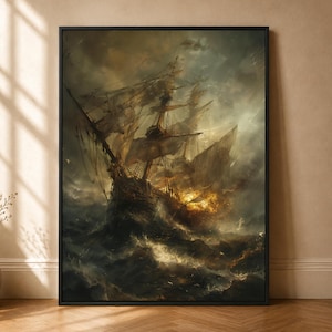 Stormy Pirate Ship Wall Art, Dark Ocean Sailing Print for Nautical Gothic Decor