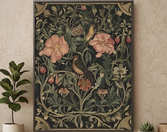 William Morris Style Botanical Bird Print, Framed Floral Canvas