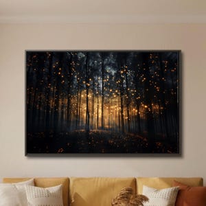 Impresión artística horizontal botánica de bosque mágico, decoración de Dark Academia, regalo para amantes de las luciérnagas, arte mural de paisaje nocturno para el hogar y la oficina.