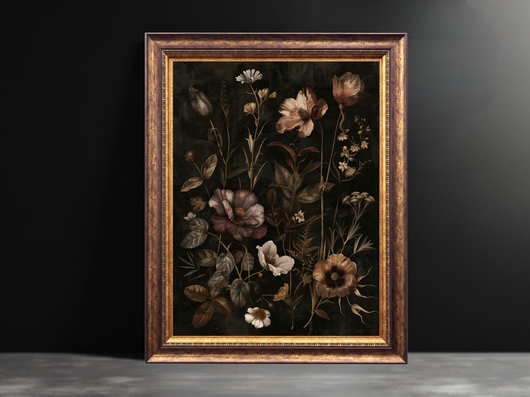Vintage Moody Floral Painting Dark Botanical Wall Art, Rustic Home ...
