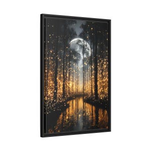Night Enchanted Forest Wall Art Print, Moonlit Firefly River, Dark ...