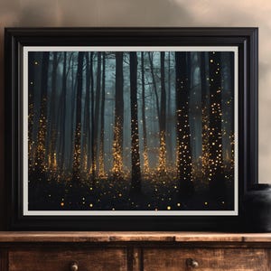 Mystical Forest Wall Art, Firefly Forest Print, Dark Academia Decor, Enchanted Woodland Poster, Ethereal Nature Artwork