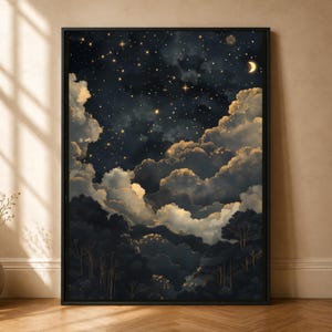 May include: A framed vertical wall art print depicting a night sky filled with glowing stars and a crescent moon above dark, voluminous clouds. Below the clouds, a dense forest landscape is visible in deep shades of blue and black.