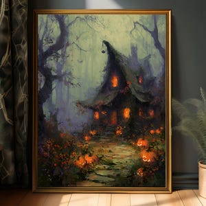Haunted Halloween Cottage Wall Art, Spooky Pumpkin House Print, Witch House Fall Decor, Gothic Autumn Artwork
