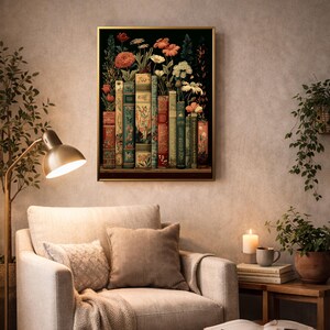 Dark Floral Vintage Library Art Print, Moody Botanical Bookshelf Wall Art image 5