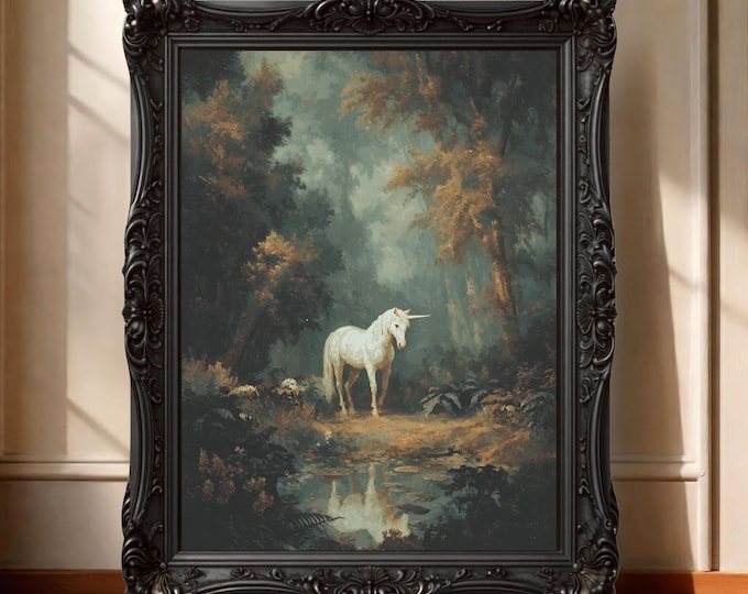 Unicorn Fantasy Forest Painting, Enchanted Creature Magical Vintage Wall Art Print