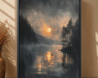 Dark Academia Lake Print: Moody Vintage Wall Art
