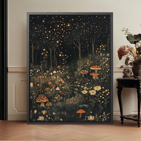 Fairycore Mushroom Art Print: Whimsical Forest, Fireflies, Wildflowers