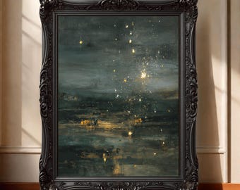 May include: A rectangular wall art piece featuring an abstract dark landscape painting with scattered golden light particles, encased in a heavy, ornate, black carved frame with intricate floral and scrollwork detailing along the edges.