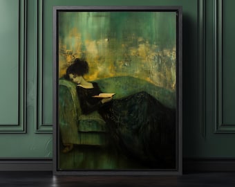Vintage Moody Woman Portrait - Emerald Green Art Print, Dark Academia Decor & Victorian Antique Wall Art, Gothic Aesthetic