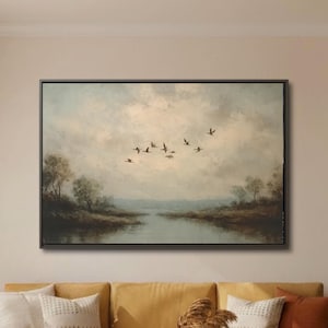 Lake Landscape Birds In Flight, Nature Painting Wall Art Canvas Print