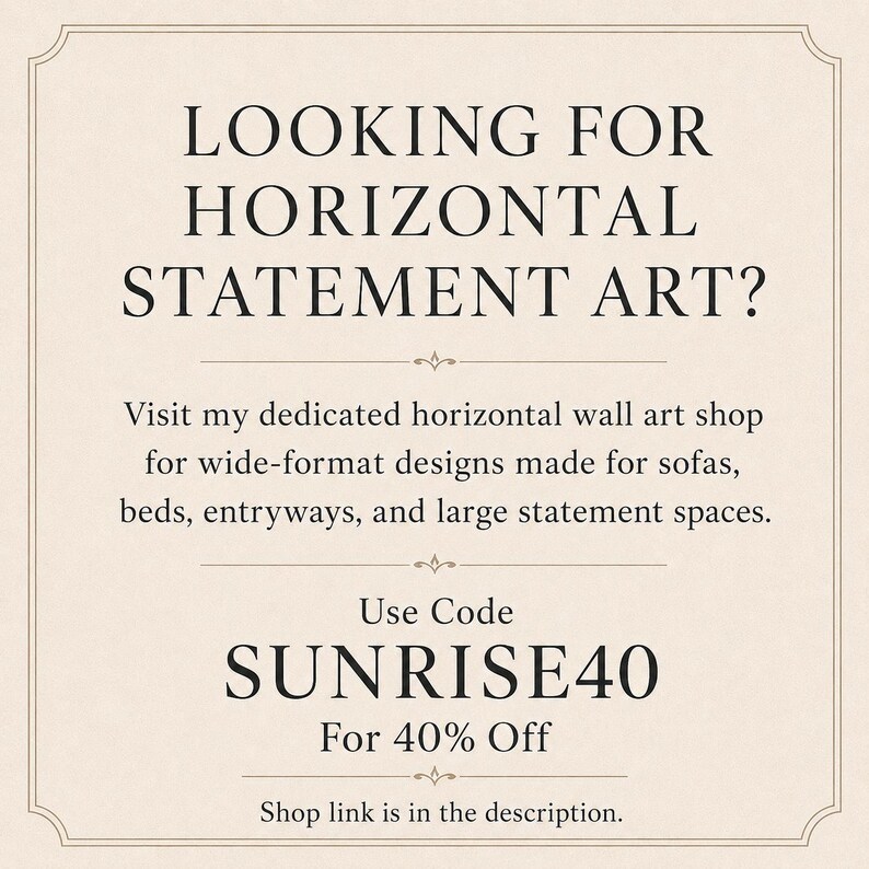The image is a promotional advertisement for a wall art shop that offers wide-format designs for sofas, beds, entryways, and large statement spaces. The ad provides a code for a 40% discount on the shop's offerings.