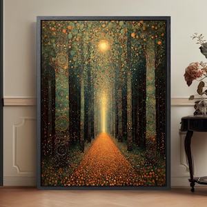 May include: A framed art print depicting a forest scene with a path leading towards a bright light. The artwork features a color palette of greens, oranges, and yellows, with detailed patterns on the trees and ground. The frame is black.