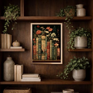 Dark Floral Vintage Library Art Print, Moody Botanical Bookshelf Wall Art image 8