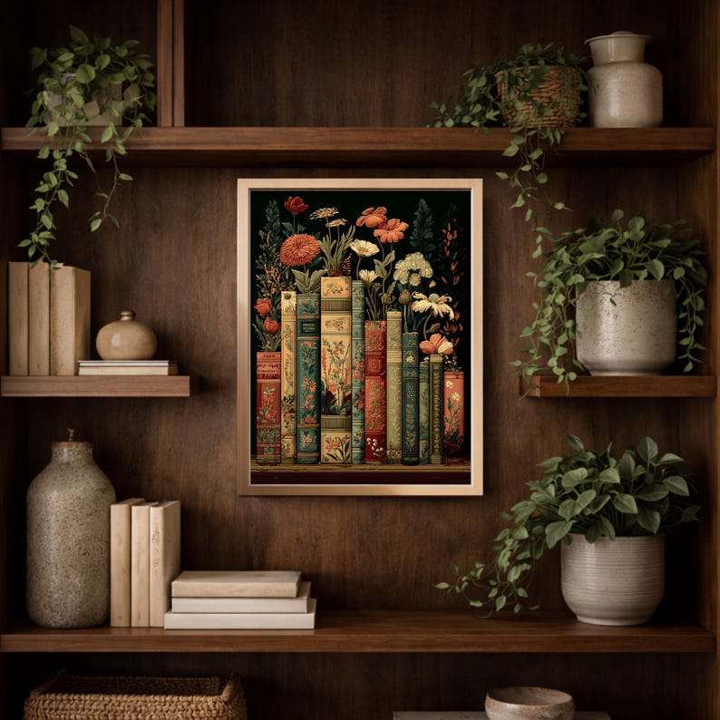 Dark Floral Vintage Library Art Print, Moody Botanical Bookshelf Wall Art image 8