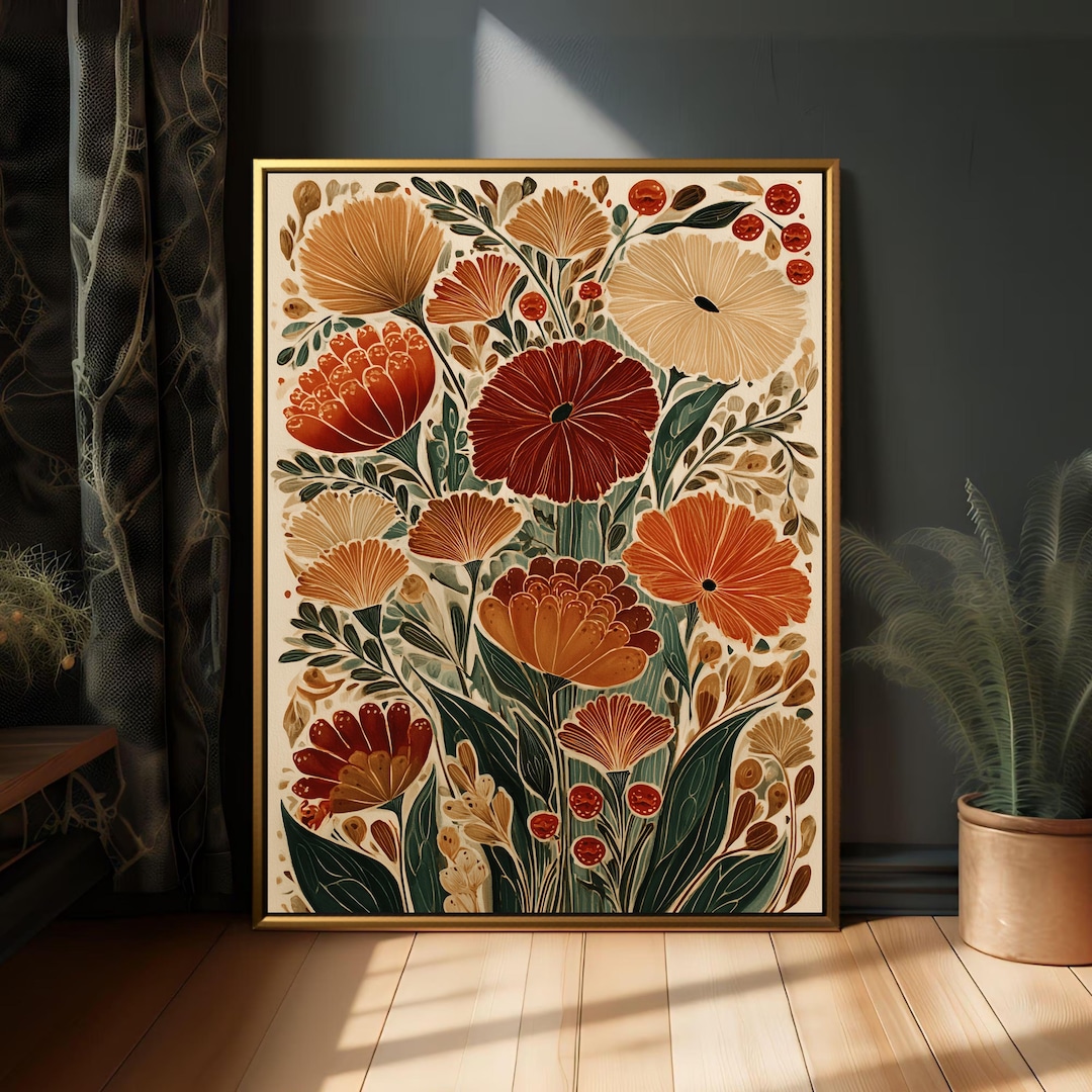Boho Floral Terracotta Folk Art Print, Modern Nordic Botanical Wall ...