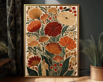 May include: A framed floral art print featuring a vibrant arrangement of stylized flowers in shades of orange, red, and cream. The botanical illustration includes detailed leaves and berries, set against a cream background, and framed in a gold tone.