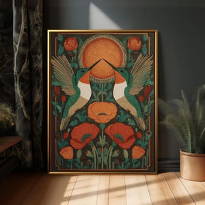 Hummingbird Folk Art Print Botanical Poster Boho Floral Wall Decor ...
