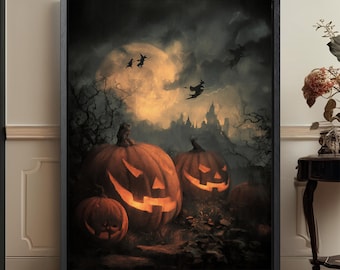 May include: A framed wall art print depicting a dark, atmospheric Halloween scene with three glowing jack-o'-lanterns in the foreground. In the background, silhouettes of witches fly on broomsticks against a large, full moon and a castle.